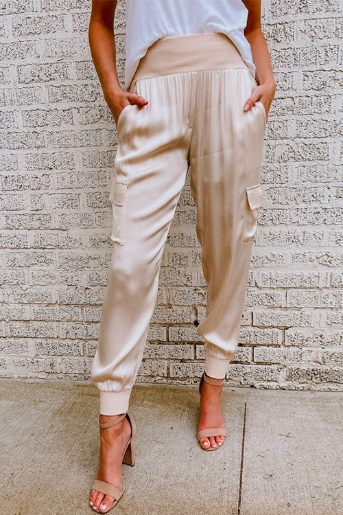 Fashion Style High Waist Satin Pants with Pockets