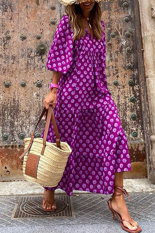 Margovil Puff Sleeve Geometry Printed Swing Dress