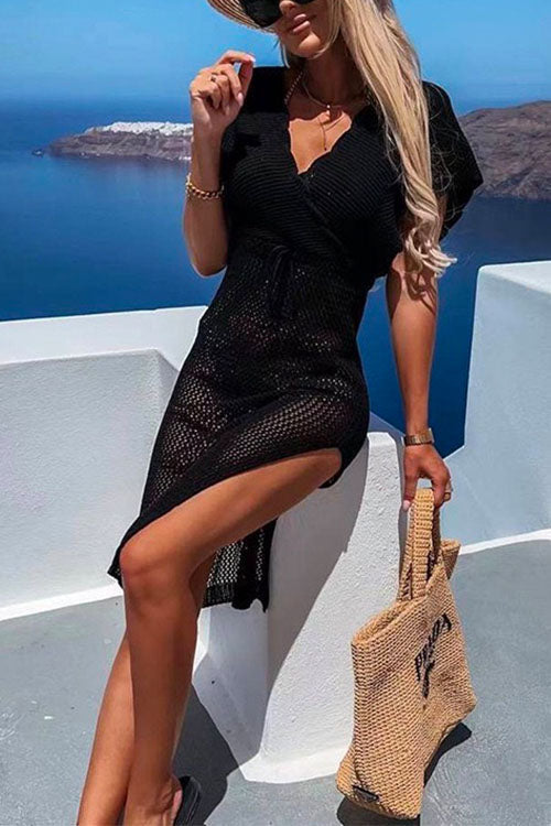 Margovil Wrap V Neck Tie Waist Side Split Cover Up Dress