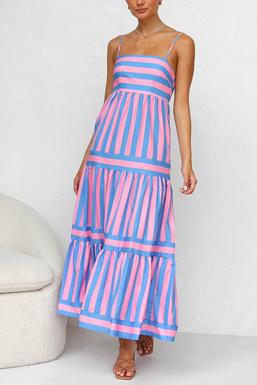 Spaghetti Strap Tiered Color Block Striped Maxi Dress