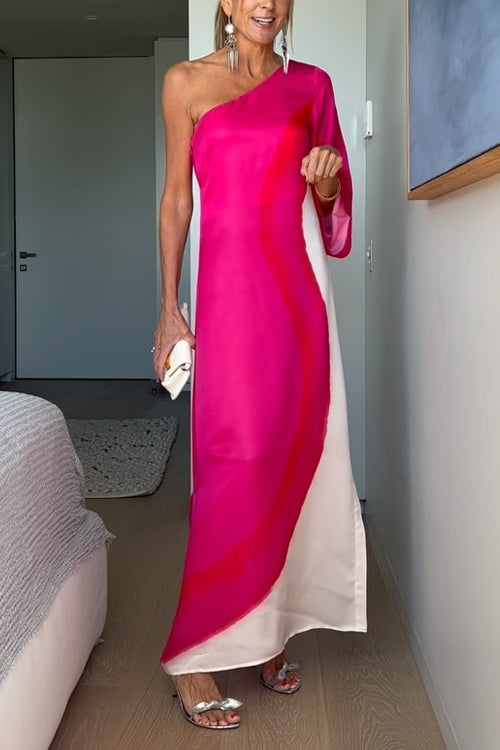 One Shoulder Long Sleeve Side Slit Tie Dye Maxi Dress