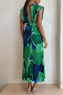 V Neck Waisted Back Cut Out Printed Maxi Pleated Dress