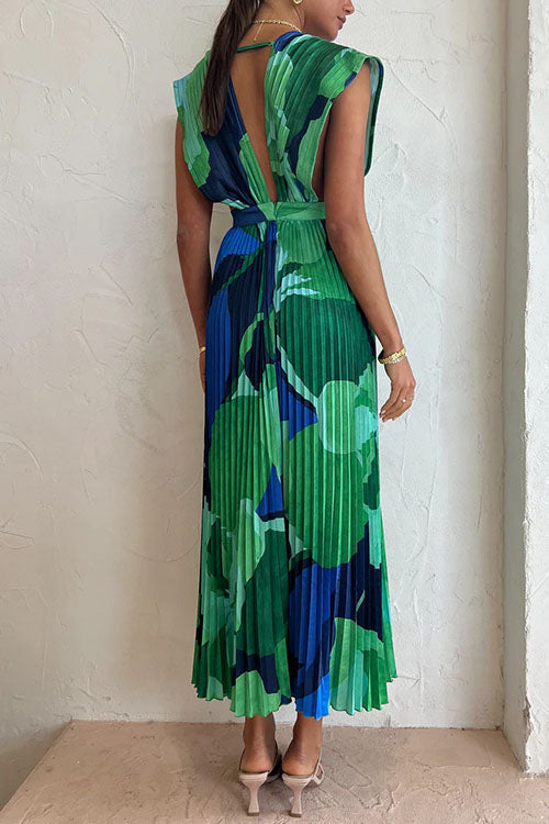 V Neck Waisted Back Cut Out Printed Maxi Pleated Dress