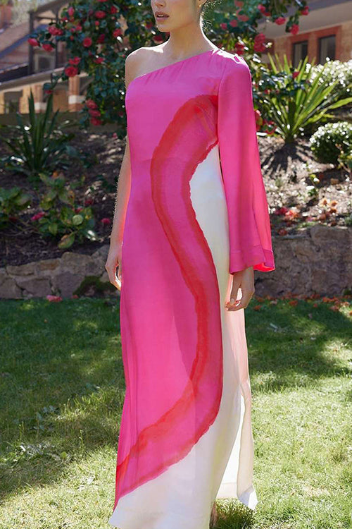 One Shoulder Long Sleeve Side Slit Tie Dye Maxi Dress
