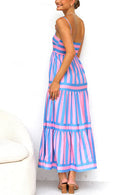 Spaghetti Strap Tiered Color Block Striped Maxi Dress
