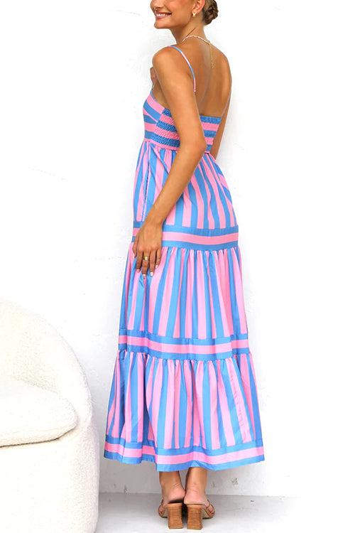 Spaghetti Strap Tiered Color Block Striped Maxi Dress