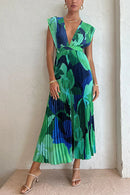 V Neck Waisted Back Cut Out Printed Maxi Pleated Dress
