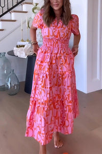 V Neck Smocked Waist Abstract Print Maxi Swing Dress