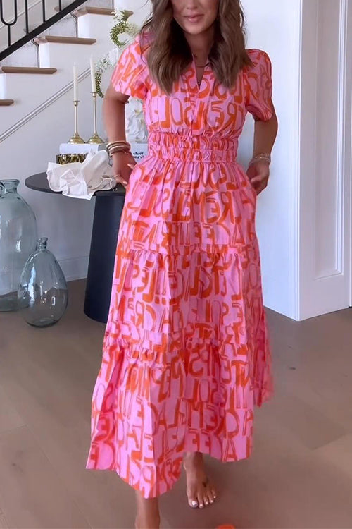 V Neck Smocked Waist Abstract Print Maxi Swing Dress