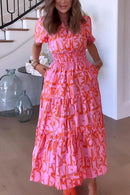 V Neck Smocked Waist Abstract Print Maxi Swing Dress