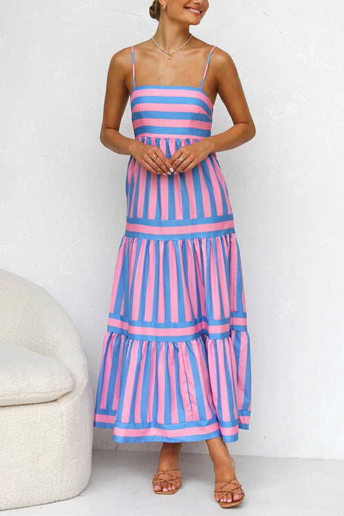 Spaghetti Strap Tiered Color Block Striped Maxi Dress