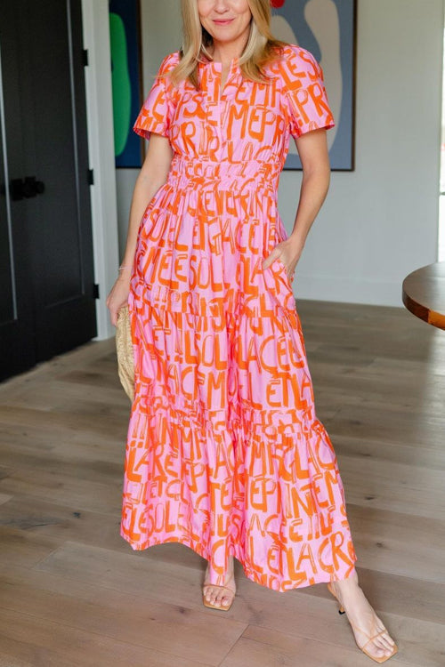 V Neck Smocked Waist Abstract Print Maxi Swing Dress