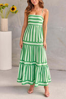 Spaghetti Strap Tiered Color Block Striped Maxi Dress