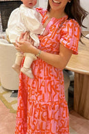 V Neck Smocked Waist Abstract Print Maxi Swing Dress