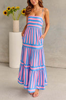 Spaghetti Strap Tiered Color Block Striped Maxi Dress