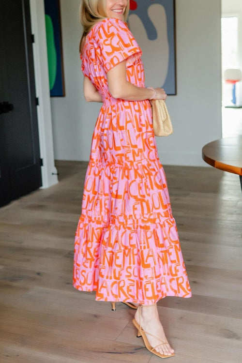 V Neck Smocked Waist Abstract Print Maxi Swing Dress