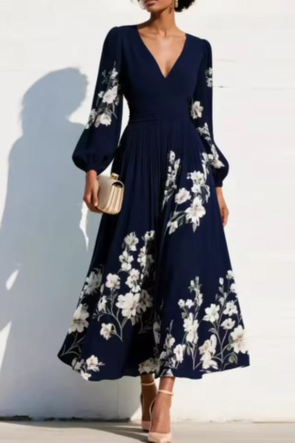Elaria – Graceful Floral Pleated Maxi Dress