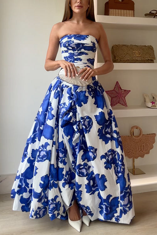 Strapless Ruched Bodice Full Skirt Floral Print Maxi Dress