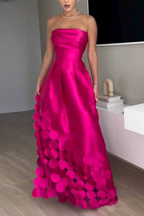 Strapless Waisted Polka Dot Applique Maxi Party Dress