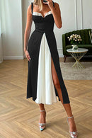 Tie Shoulder Color Block Splice Swing Midi Cami Dress