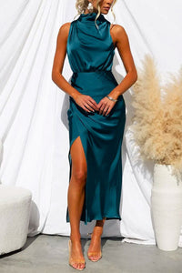 Turtleneck Sleeveless Waisted Slit Midi Satin Dress