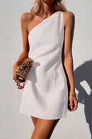 One Shoulder Solid Cotton Linen Mini Dress