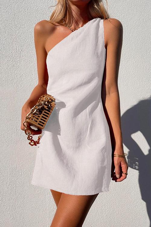 One Shoulder Solid Cotton Linen Mini Dress
