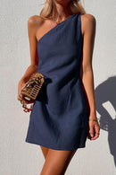 One Shoulder Solid Cotton Linen Mini Dress