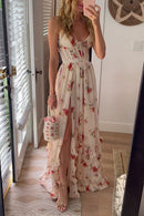Spaghetti Strap Ruffle Layered Slit Dainty Floral Maxi Dress
