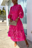 Mockneck Puff Sleeves Lace Hollow Out Mid Dress