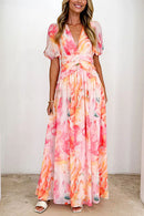 V Neck Puff Sleeves Ruched Waist Printed Maxi Dress