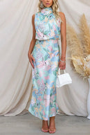 Irregular Tie Neck Waisted Floral Printed Maxi Satin Dress