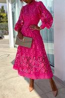 Mockneck Puff Sleeves Lace Hollow Out Mid Dress