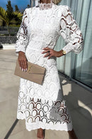 Mockneck Puff Sleeves Lace Hollow Out Mid Dress