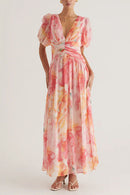 V Neck Puff Sleeves Ruched Waist Printed Maxi Dress
