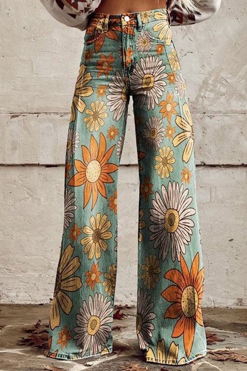 Vintage Floral Print Wide Leg Pants