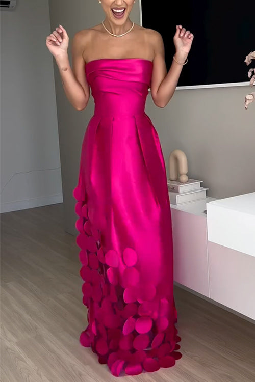 Strapless Waisted Polka Dot Applique Maxi Party Dress