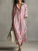 Casual Striped Shirt Bohemian Style Maxi Dress