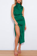 Turtleneck Sleeveless Waisted Slit Midi Satin Dress