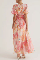 V Neck Puff Sleeves Ruched Waist Printed Maxi Dress