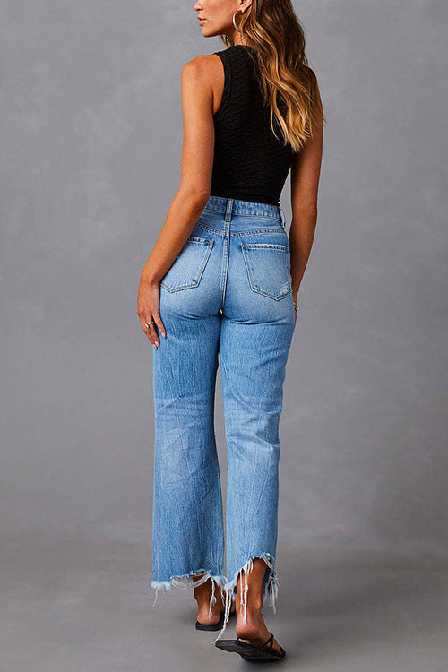 Margovil Raw Hem Ripped Flare Bottoms Denim Pants