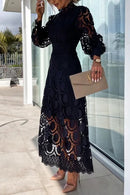 Mockneck Puff Sleeves Lace Hollow Out Mid Dress