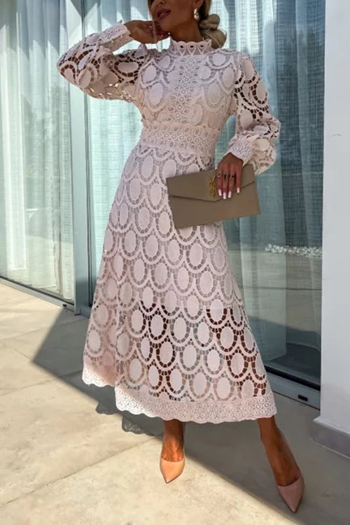 Mockneck Puff Sleeves Lace Hollow Out Mid Dress