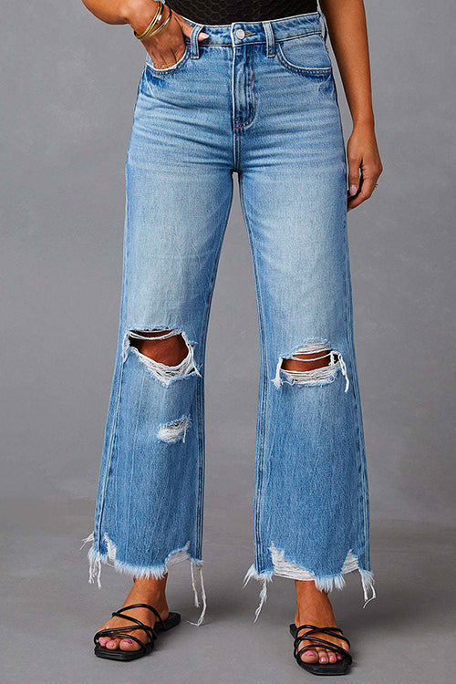 Margovil Raw Hem Ripped Flare Bottoms Denim Pants