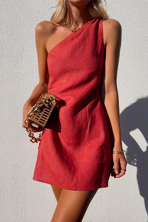 One Shoulder Solid Cotton Linen Mini Dress