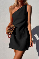 One Shoulder Solid Cotton Linen Mini Dress