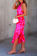 Margovil Cross Halter Backless Printed Irregular Ruffle Dress