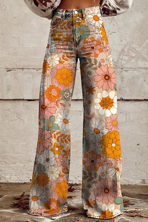Vintage Floral Print Wide Leg Pants