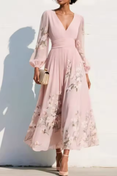 Elaria – Graceful Floral Pleated Maxi Dress