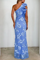 Sleeveless Ruffle One Shoulder Floral Mesh Maxi Dress